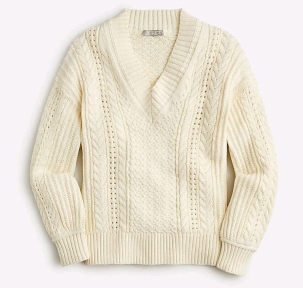 J. Crew Ivory Cotton Cable-Knit V-Neck Pullover Sweater Size Medium